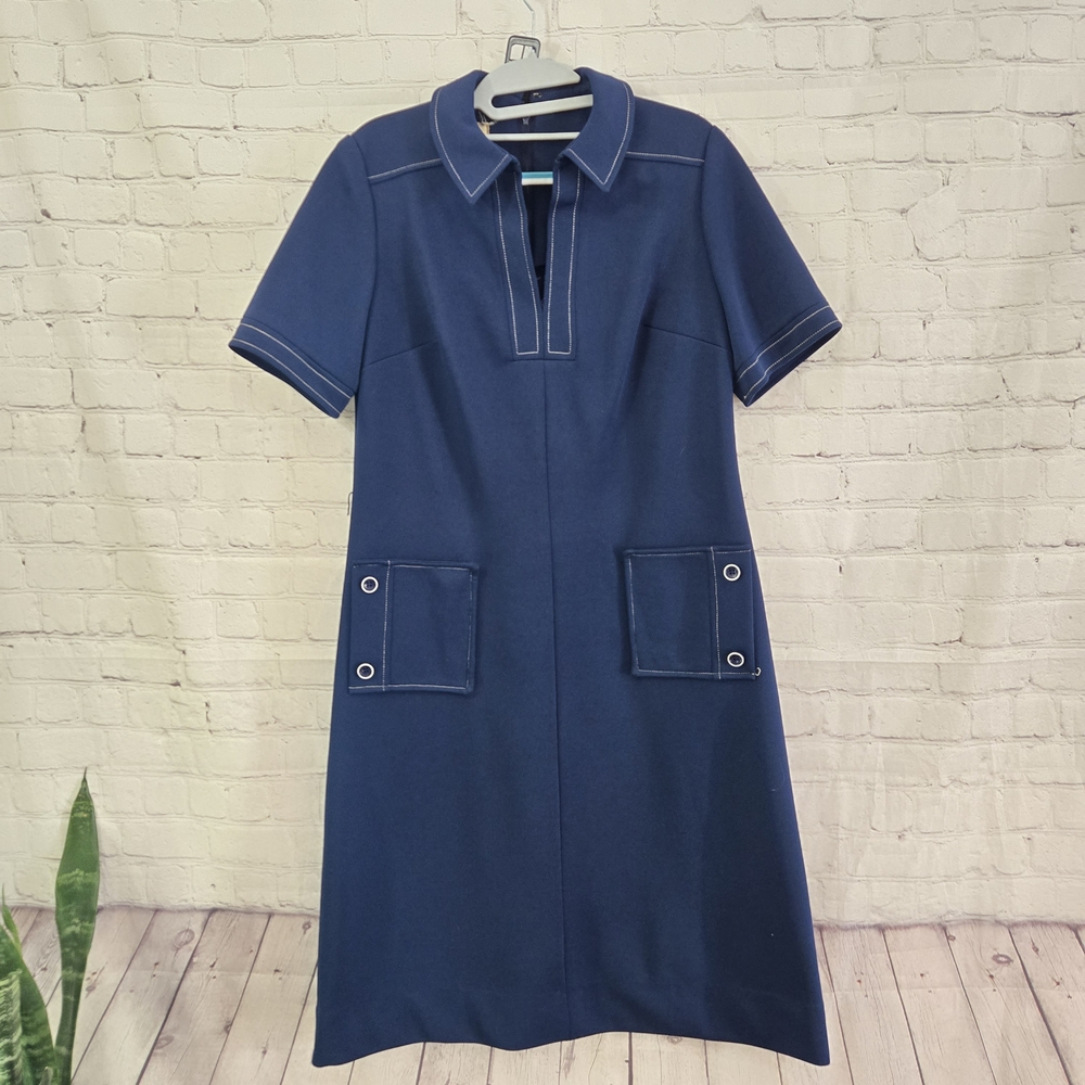 Vtg 60s MOD Henry Lee Navy Dress White TopStich Collared GoGo Nautical Preppy